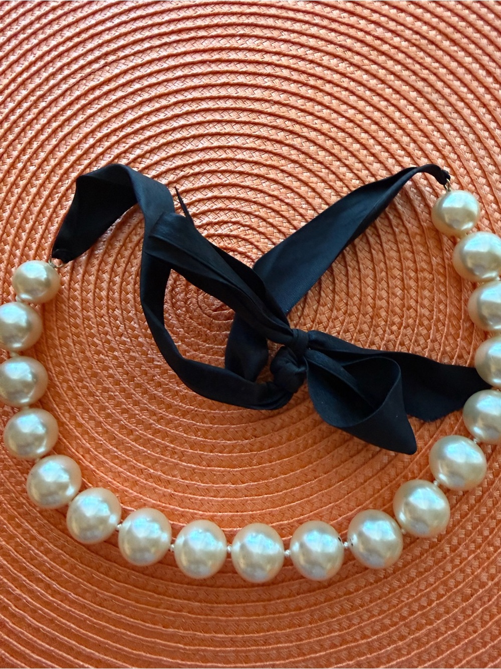 Retro Large Faux Pearl & Black Ribbon Necklace